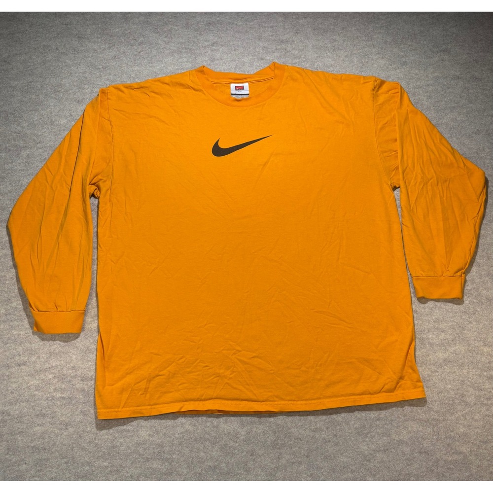 Nike Y2K Mens XXL Orange Long Sleeve Center Swoosh Cotton T-Shirt